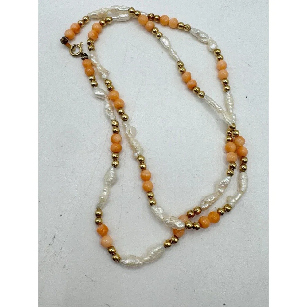 Vtg 14K Yellow Gold Angel Skin Coral Freshwater Pearl Necklace 19” Quiet Luxury